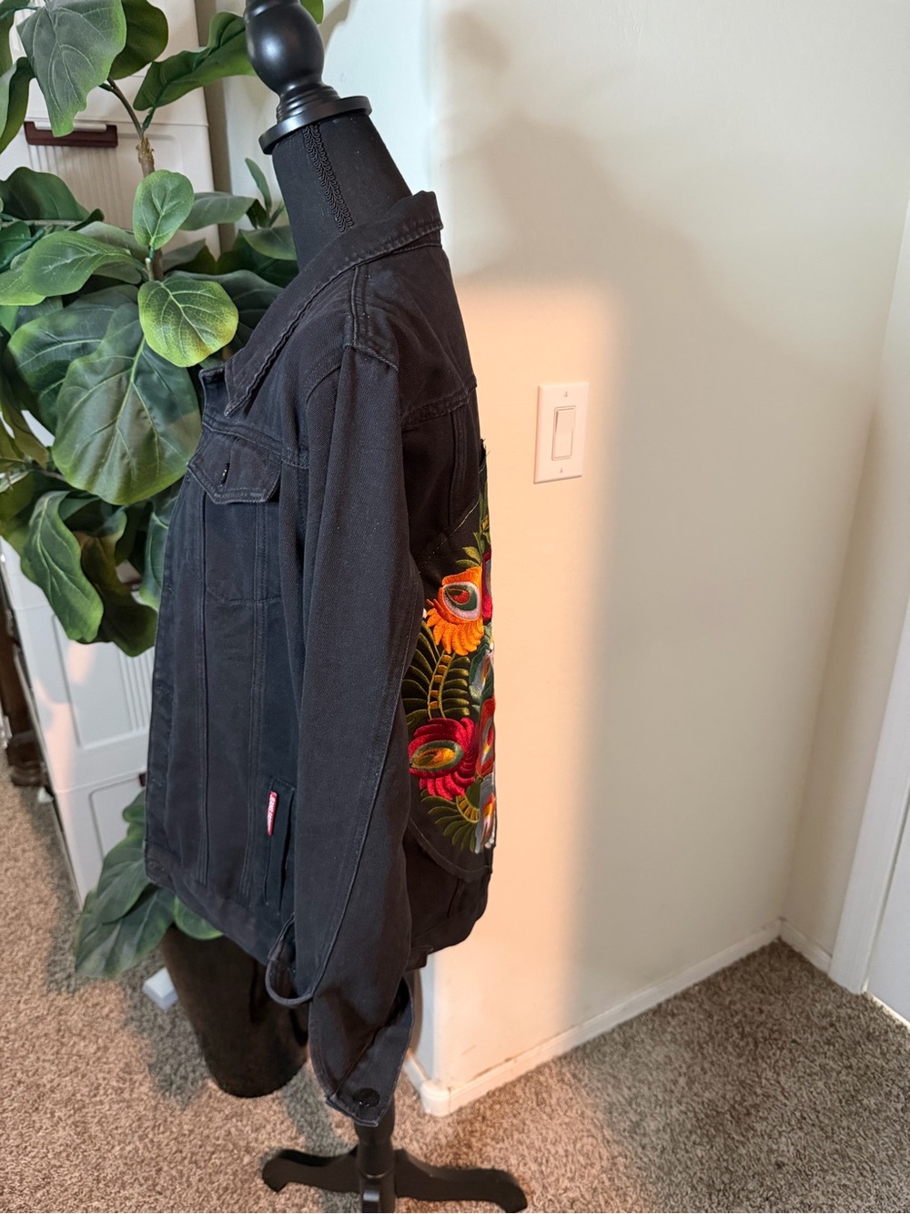 Black Denim Jacket with Colorful Embroidered Back - Picture 5 of 15